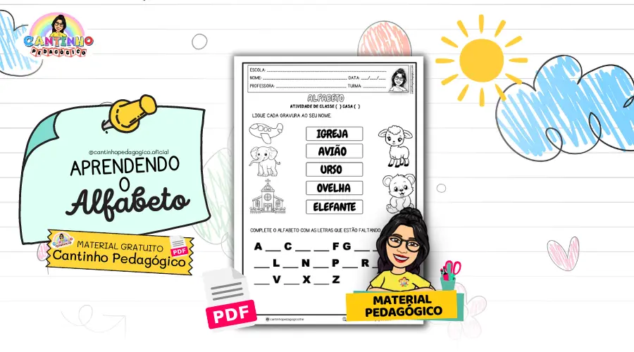 Atividade de Alfabetização Infantil: Completar o Alfabeto e Associar Palavras