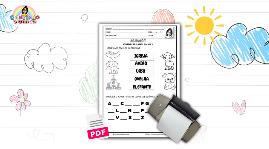 Atividade de Alfabetização Infantil: Completar o Alfabeto e Associar Palavras