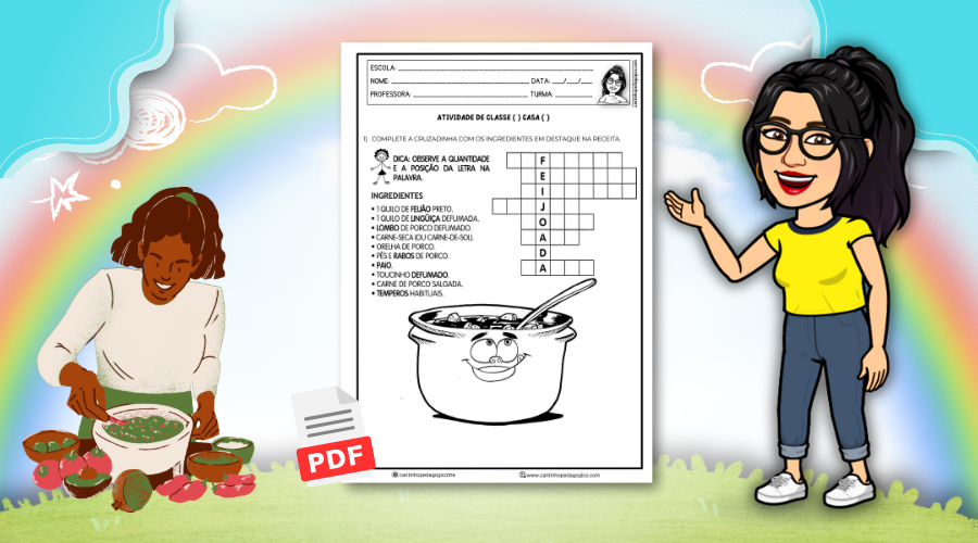 Atividade Educativa com Feijoada: Completar Cruzadinha de Ingredientes para Desenvolver Competências de Leitura e Escrita